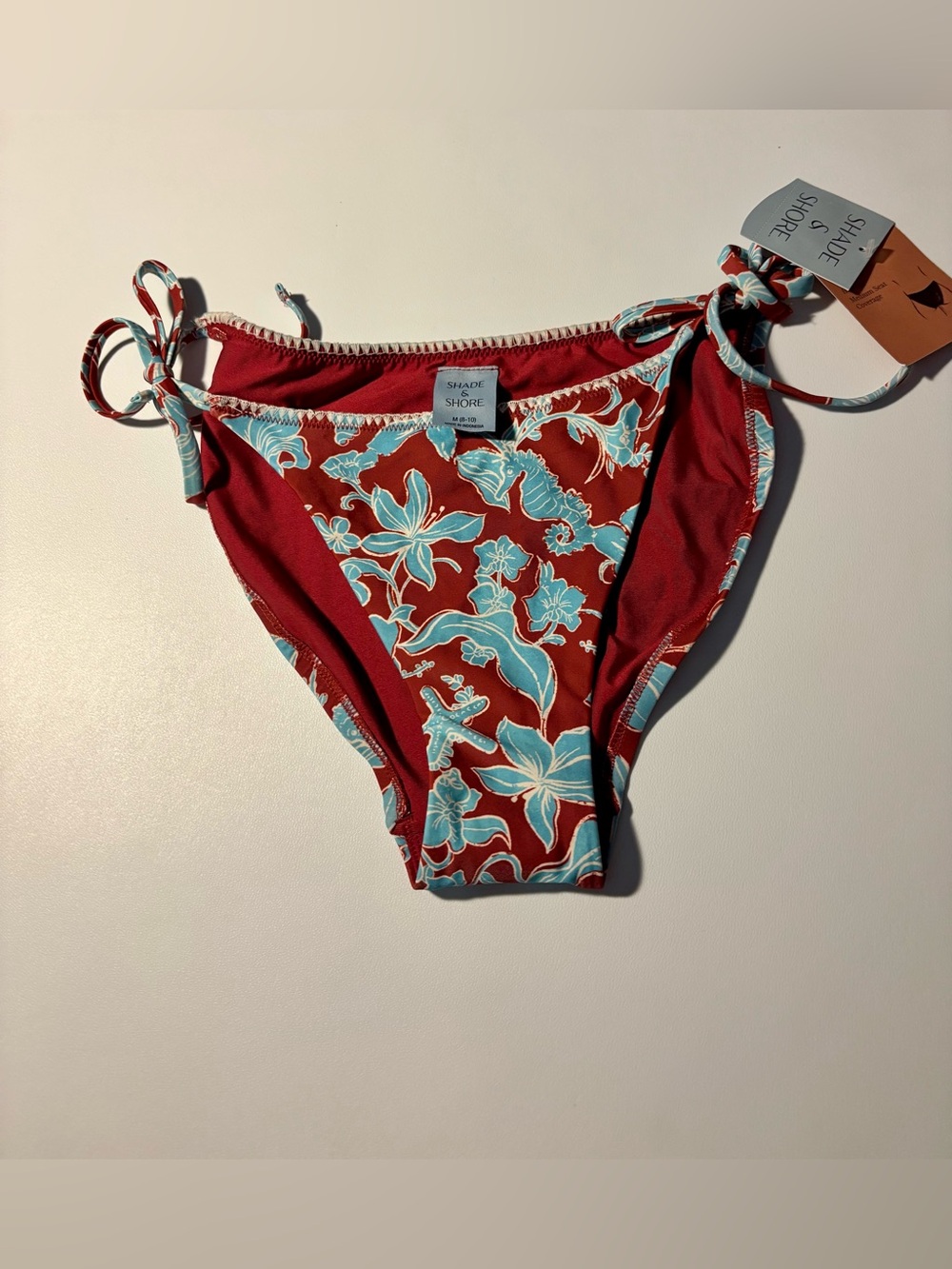 NWT Shade & Shore Floral Shells Side Tie Bikini Bottom Medium Low Rise High Leg